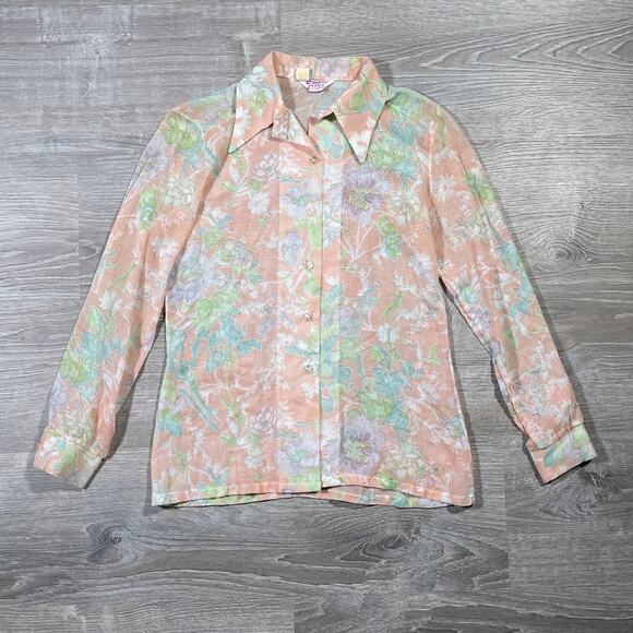 Vtg 70's Fritzi California Peach Floral Button Up Long Sleeve Blouse Sz M/L - Picture 1 of 9